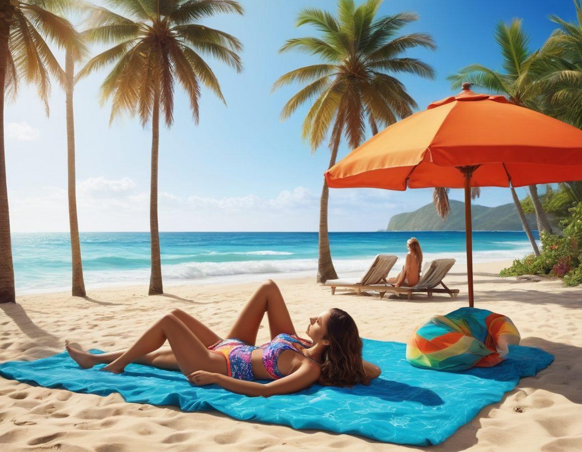 A stylish beach scene featuring a diverse group of people in trendy swimwear lounging poolside and playing in the waves. Include vibrant beach towels, colorful sun umbrellas, and palm trees swaying gently in the background. Showcase a mix of swimwear styles like bikinis, one-pieces, and board shorts, capturing a sense of summer fun and relaxation. The atmosphere should be bright and inviting with sparkling ocean waves. vibrant colors. super-realistic.