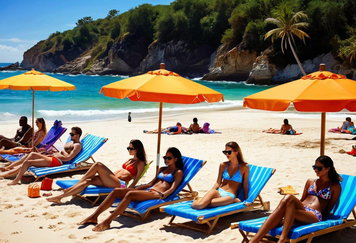 An exquisite beach scene featuring a diverse group of individuals showcasing stylish summer swimwear, with colorful beach umbrellas and sun loungers in the background. Include accessories like sunglasses and beach hats, while they enjoy the sun and surf, capturing the essence of casual and chic beach fashion. Bright, sunny ambiance with splashes of vivid colors enhances the vibrant atmosphere. super-realistic. vibrant colors. beach setting.