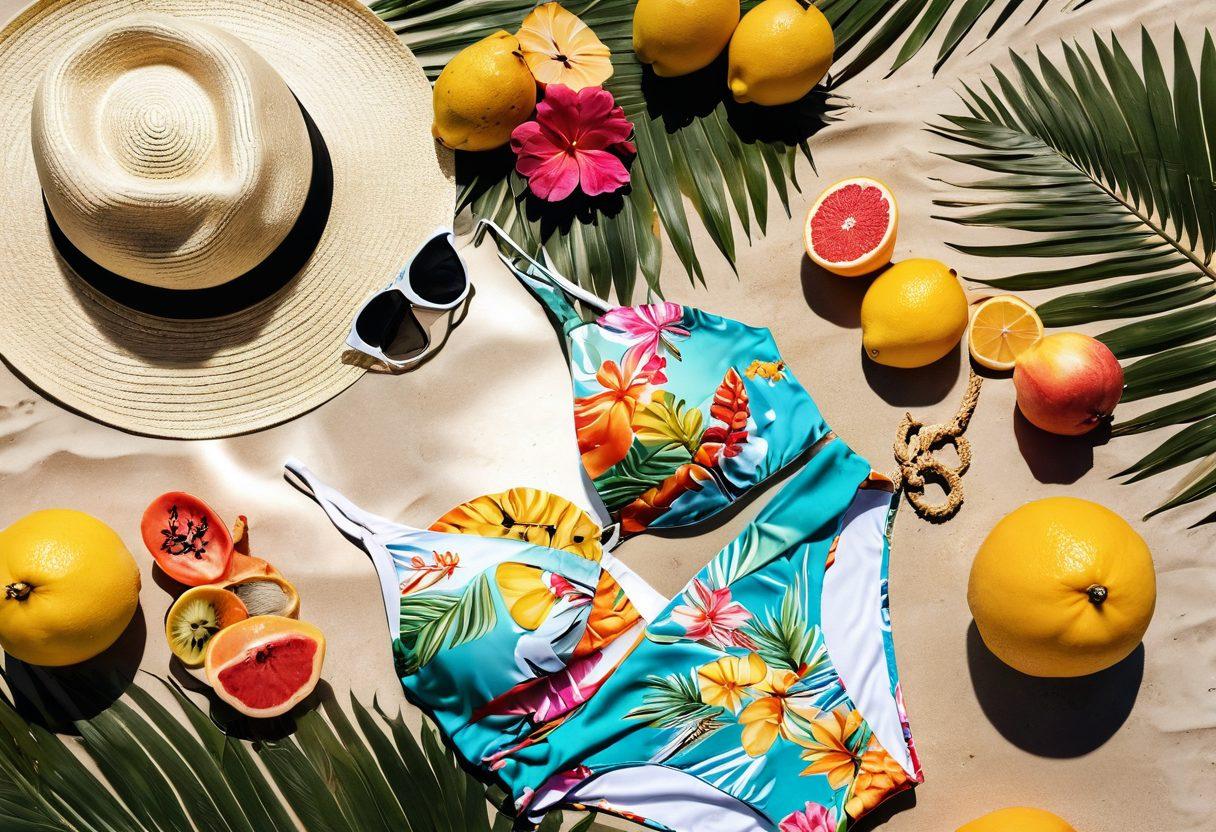 A stylish flat lay of various trendy bikinis arranged artistically on a sandy beach, complemented by colorful beach accessories like sunglasses, hats, and tropical fruits. The scene captures the essence of summer with bright sunlight and gentle waves in the background. The bikinis showcase diverse styles, patterns, and colors to reflect the latest trends. A hint of palm trees adds a tropical vibe. vibrant colors. super-realistic. white background.